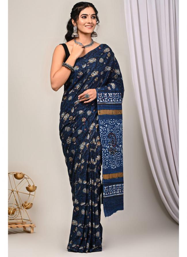 Cotton Blue Casual Wear Printed Saree